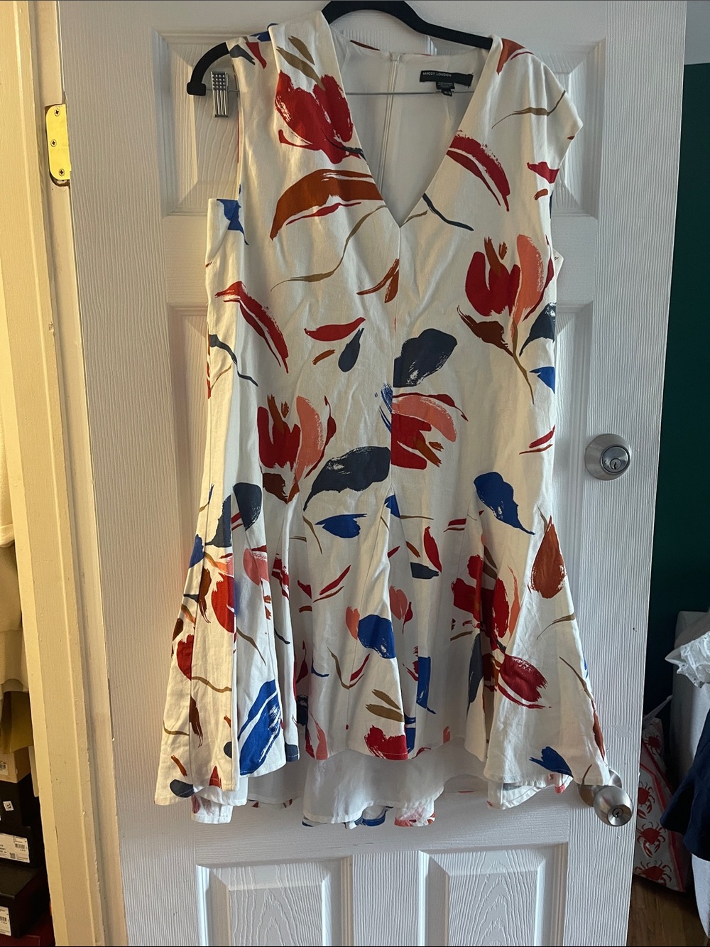 Sleeveless White Floral Fit & Flare Dress with Red and Blue Accents